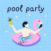 Man floats in flamingo inflatable ring with pineapple. Summer party illustration for poster, card, background, discount flyer. vector
