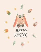 Happy Easter card with bunny in a bow tie, wreath vector