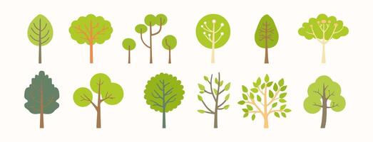 Tree and leaf collection hand drawn flat design element. botanical set of bare trees and ones with leaves and lush limited pastel color vector