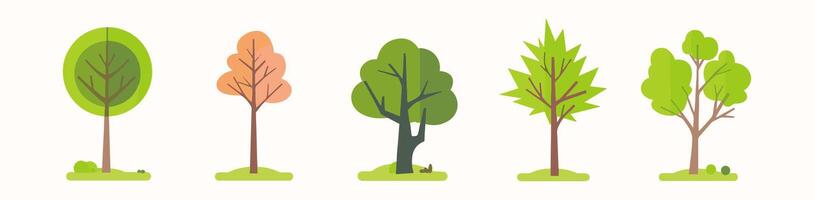 Tree and leaf collection hand drawn flat design element. botanical set of bare trees and ones with leaves and lush limited pastel color vector
