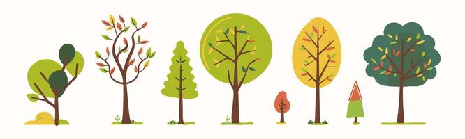 Tree and leaf collection hand drawn flat design element. botanical set of bare trees and ones with leaves and lush limited pastel color vector