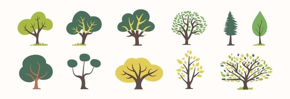 Tree and leaf collection hand drawn flat design element. botanical set of bare trees and ones with leaves and lush limited pastel color vector
