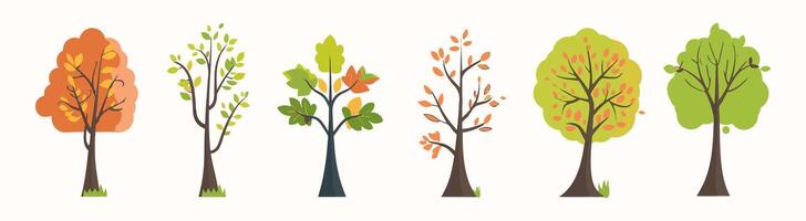 Tree and leaf collection hand drawn flat design element. botanical set of bare trees and ones with leaves and lush limited pastel color vector