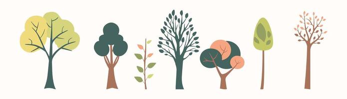 Tree and leaf collection hand drawn flat design element. botanical set of bare trees and ones with leaves and lush limited pastel color vector