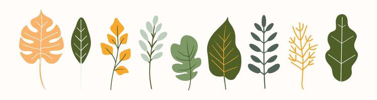 Tree and leaf collection hand drawn flat design element. botanical set of bare trees and ones with leaves and lush limited pastel color vector