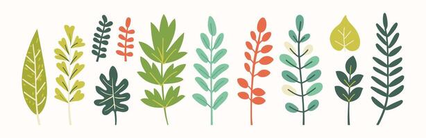 Tree and leaf collection hand drawn flat design element. botanical set of bare trees and ones with leaves and lush limited pastel color vector