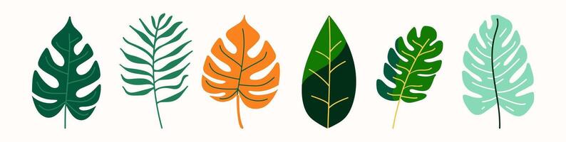 Tree and leaf collection hand drawn flat design element. botanical set of bare trees and ones with leaves and lush limited pastel color vector