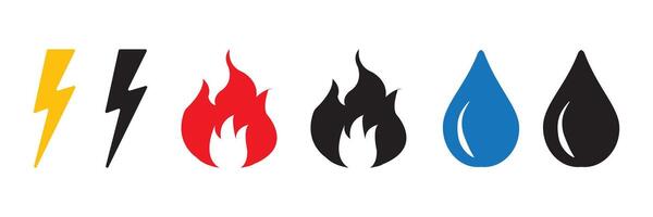 fire, water and lightning icon set in flat style. black style symbol sign for apps and website, Natural elements illustration. vector