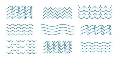 Blue wave line and wavy zigzag seamless pattern lines isolated on white background. Water Waves collection. Waves blue. Set of wavy horizontal lines. Wavy zigzag lines. Zig-zag elements, vector