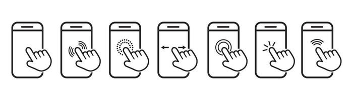 Hand touch screen smartphone. Mobile phone touch screen icon. Smartphone with cursor click on screen. Click hand and arrow cursor in phone icons vector