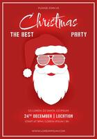 Merry Christmas party invitation template with a cool Santa Claus for flyer and brochure designs on a red background for an invitation-themed concept. Happy holiday greeting banner and card template. vector