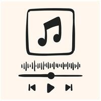 Hand drawn doodle audio player vertical template. Music player interface style buttoms, loading bar, sound wave sign, frame for album photo With illustration style doodle and line art vector