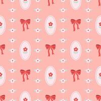 Cute seamless pattern with red ribbon bows and small flowers. vector