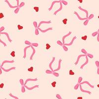Trendy seamless pattern with ribbon bows and red hearts. vector