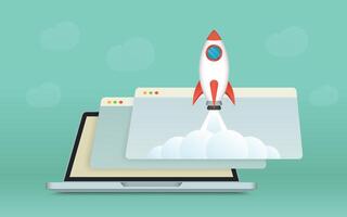 A mini rocket launching from an open laptop screen, a minimalist business startup representative illustration vector
