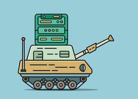 Mini war tank car carrying a secure data server on the top, minimalist flat cartoon illustration vector