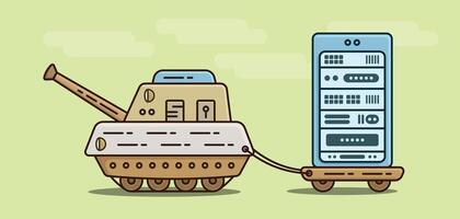 Mini cannon tank carrying a modern data server for safety with security, flat illustration vector