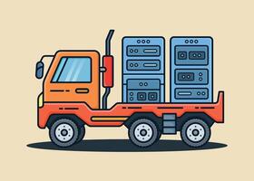 Large container truck carrying two modern data servers, minimalist flat illustration vector
