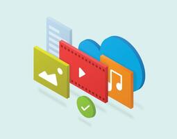 Simple isometric multimedia and document backup and cloud service representative illustration vector