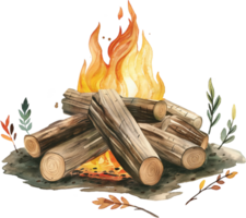 firewood and leaves on a fire, watercolor illustration png