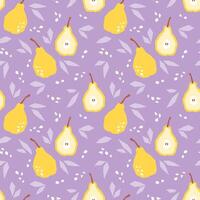 Yellow pear cartoon seamless pattern on lilac background. Pear slice with leaves and abstract element geometric print for fabric, paper, design. vector