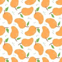 Mango abstract cartoon seamless pattern. Tropical fruits background isolated on white. Mango with leaf geometric print for fabric, paper, design. vector