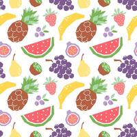 Seamless pattern with cartoon tropical fruits, geometric print for fabric, paper, design. Summer fruits background isolated on white. vector