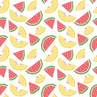 Melon and watermelon slice cartoon seamless pattern. Tropical fruits background isolated on white. Yellow melon and watermelon slice geometric print for fabric, paper, design. vector