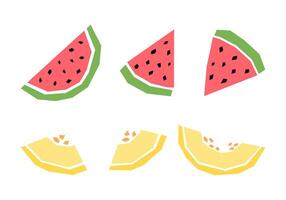 Set of cartoon watermelon and melon slice isolated on white. Geometric fruits collection elements for logo, print, design. vector