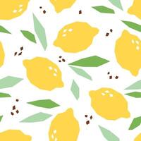 Lemon cartoon seamless pattern. Tropical fruits background isolated on white. Lemons with leaves and abstract element geometric print for fabric, paper, design. vector