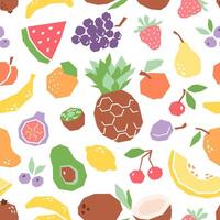 Fruits cartoon seamless pattern, geometric print for fabric, paper, design. Tropical fruits background isolated on white. vector