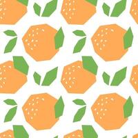 Orange cartoon seamless pattern. Tropical fruits background isolated on white. Orange with leaves and abstract element geometric print for fabric, paper, design. vector