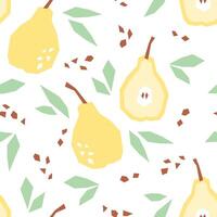 Yellow pear cartoon seamless pattern. Tropical fruits background isolated on white. Pear slice with leaves and abstract element geometric print for fabric, paper, design. vector