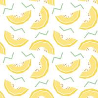 Melon slice cartoon seamless pattern. Tropical fruits background isolated on white. Yellow melon slice with green abstract element geometric print for fabric, paper, design. vector