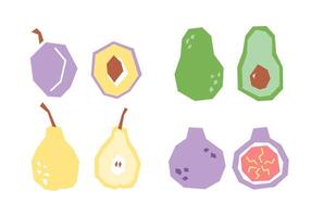 Set of cartoon plum, avocado, pear, fig slice isolated on white. Geometric fruits collection elements for logo, print, design. vector