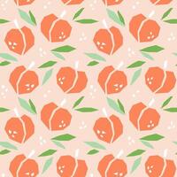 Peach cartoon seamless pattern. Tropical fruits background isolated on white. Peach with leaves and abstract element geometric print for fabric, paper, design. vector