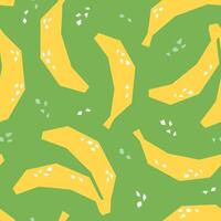Banana seamless pattern with abstract elements. Tropical fruits background. Yellow hand drawn banana on green background for fabric, print, paper, design. vector