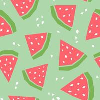Watermelon cartoon seamless pattern. Tropical fruits background isolated on green. Watermelon slice with white seeds and abstract element geometric print for fabric, paper, design. vector