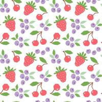 Berries cartoon seamless pattern isolated on white background. Strawberry, blueberry, cherry geometric print for fabric, paper, design. vector