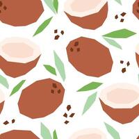 Seamless pattern with coconut, leaves and abstract elements. Tropical fruits background isolated on white. Whole and half coconut cartoon print for fabric, paper, design vector