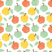 Apple cartoon seamless pattern. Fruits background isolated on white. Orange, yellow and green apple with leaf geometric print for fabric, paper, design. vector