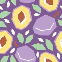 Purple plum cartoon seamless pattern. Tropical fruits isolated on dark purple background. Plum slice with leaves and abstract element geometric print for fabric, paper, design. vector