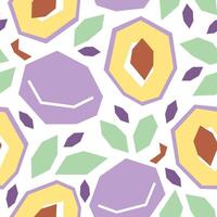Purple plum cartoon seamless pattern. Tropical fruits background isolated on white. Plum slice with leaves and abstract element geometric print for fabric, paper, design vector