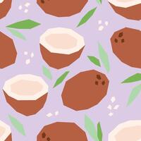 Seamless pattern with coconut, leaves and abstract elements on lilac background. Tropical fruits pattern. Whole and half coconut cartoon print for fabric, paper, design vector