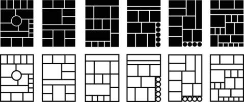 Mockup collage for photo or presentation compositions with template frame minimalist icon in flat line set. Mood Board grid for apps or web. Photo album page isolated on vector