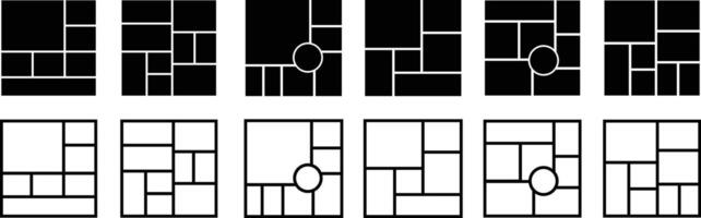 Mockup collage for photo or presentation compositions with template frame minimalist icon in flat line set. Mood Board grid for apps or web. Photo album page isolated on vector