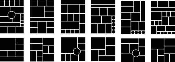 Mockup collage for photo or presentation compositions with template frame minimalist icon in flat set. Mood Board grid for apps or web. Photo album page isolated on vector