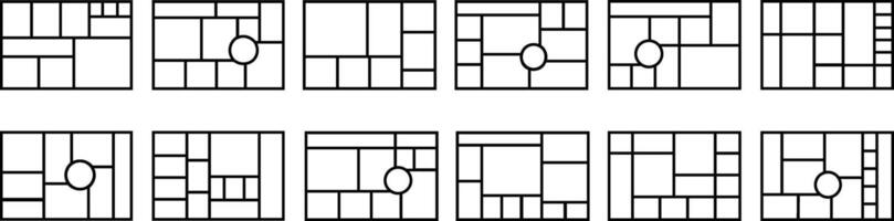 Mockup collage for photo or presentation compositions with template frame minimalist icon in line set. Mood Board grid for apps or web. Photo album page isolated on vector