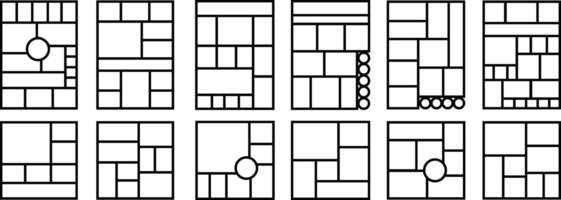 Mockup collage for photo or presentation compositions with template frame minimalist icon in line set. Mood Board grid for apps or web. Photo album page isolated on vector