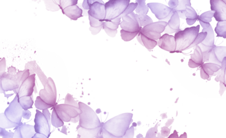 Butterflies. Watercolor rectangular frame or banner with illustration of delicate purple and pink butterflies with watercolor abstract splashes stains in corners. Handmade, isolated png